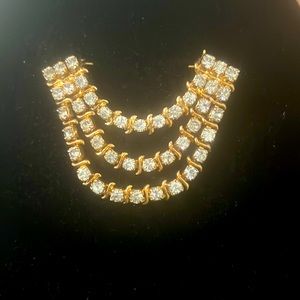 Vintage 80s Rhinestone Crystal and Gold-tone Three Chain Brooch/Pin